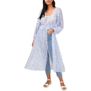 Riley & Rae Women Duster Midi Dress Floral Front Tie Kimono Sleeve Ultra White M